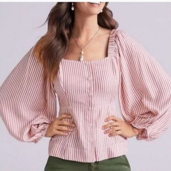 CAbi Top M Carnival Red/White Stripe Puff Sleeve Spring 2021 #5890 - Picture 1 of 10